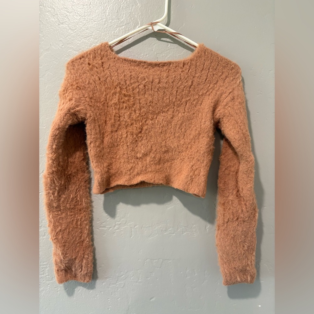 Hyfve Brown/Beige Fuzzy Cropped Sweater